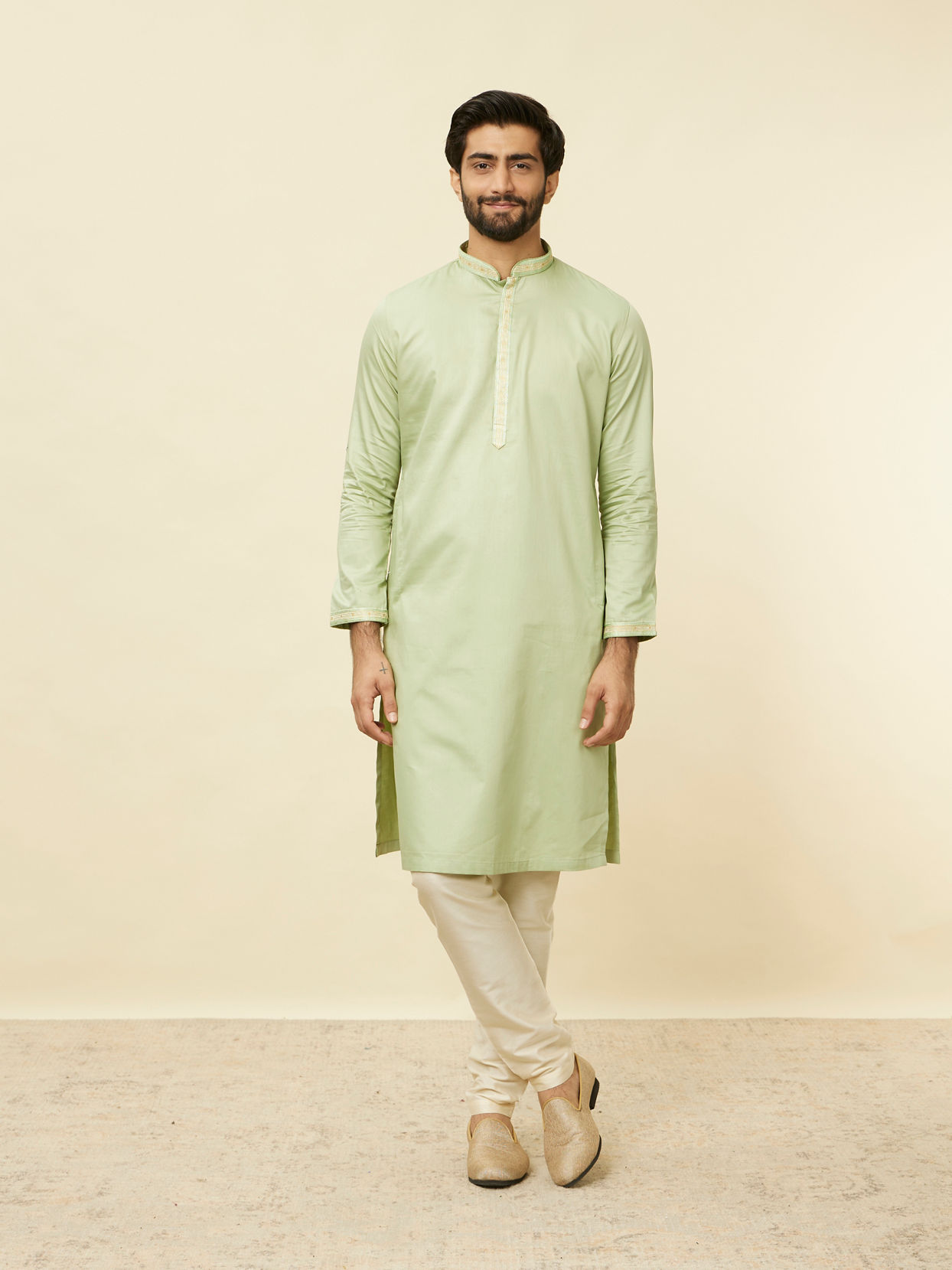 alt message - Manyavar Men Lime Green Self Patterned Jacket Set image number 2